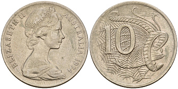 Австралия 10 центов 1974 Елизавета II (1952-), птица лирахвост KM 65 медно-никель    4187-411