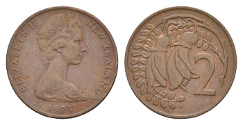 Новая Зеландия 2 цента 1974 Елизавета II (1952-2022), два цветка кохаи KM 32.1 бронза 4178-314