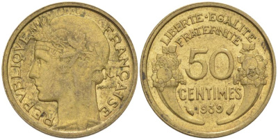 ФРАНЦИЯ 50 САНТИМОВ 1939 ТИП MORLON KM 894.1, LE FRANC 192.15 алюминиевая бронза 44-821