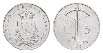 Сан-Марино 5 лир 1979 Институциональные органы государства KM 91 алюминий UNC 4647-225