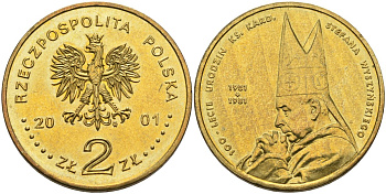 Польша 2 злотых 2001 MW, 100 лет со дня рождения Стефана Вышинского (1901-1981) KM 418, Parchimowicz 834 нордик 4529-433