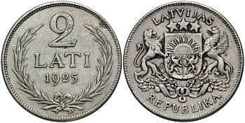 Латвия 2 лата 1925 Первая Республика (1918-1939) KM 8 серебро 27-1241