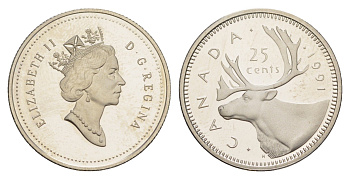 Канада 25 центов 1991 Елизавета II (1952-2022), олень, редкий год - 459.000 экземпляров KM 184 никель PROOF 3711-1835