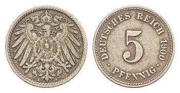 Германия 5 пфеннигов 1900 A, Вильгельм II (1888-1918) KM 11, J. 12 медно-никель 4640-113