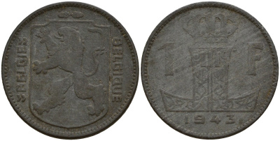 Бельгия 1 франк 1943 Belgique - Belgie, Леопольд III (1934-1947), германская оккупация, Вторая мировая война KM 127 цинк 4161-532