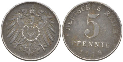 ГЕРМАНИЯ 5 ПФЕННИГОВ 1918 A KM 19, J. 297, Weege 5 железо 206-714