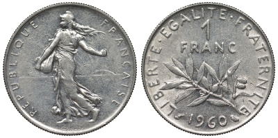 Франция 1 франк 1960 сеятель KM 925.1, Le Franc 226.5 никель 4128-417