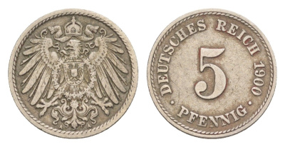 Германия 5 пфеннигов 1900 A, Вильгельм II (1888-1918) KM 11, J. 12 медно-никель 4640-113