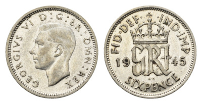 Великобритания 6 пенсов 1945 Георг VI (1936-1952) KM 852, Spink 4084 серебро 4690-819