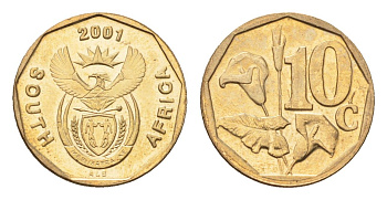 ЮАР 10 центов 2001 герб, цветок алоэ KM 224 сталь плакированная бронзой UNC 4694-811