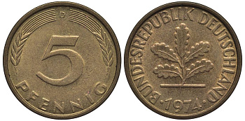 ФРГ 5 ПФЕННИГОВ 1974 D KM 107, Jager 382 сталь плакированная латунью 4547-748