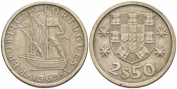 ПОРТУГАЛИЯ 2,5 ЭСКУДО 1969 ПАРУСНИК KM 590 медно-никель 3851-1059
