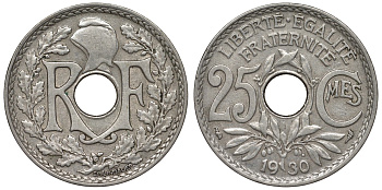 Франция 25 сантимов 1930 тип Lindauer KM 867а, Le Franc 171.14 медно-никель 4128-222