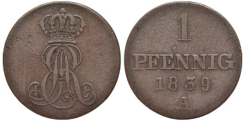 Ганновер 1 пфенниг 1839 A, Эрнст Август (1837-1851) KM 173.1, AKS 126, J. 54 медь 75-869