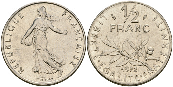 Франция 1/2 франка 1992 сеятель KM 931.1 никель 25-1251