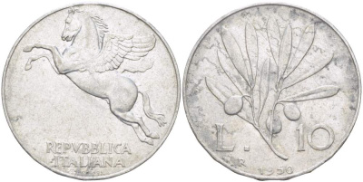 ИТАЛИЯ 10 ЛИР 1950 R, ПЕГАС KM 90 алюминий 4526-122