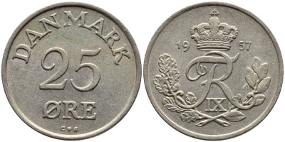 ДАНИЯ 25 ЭРЕ 1957 С; S, ФРЕДЕРИК IX (1947-1972) KM 842.2 медно-никель 4398-941