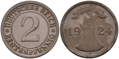 Германия 2 рентенпфеннига 1924 E KM 31, J.307, Weege 3 медь 4584-621