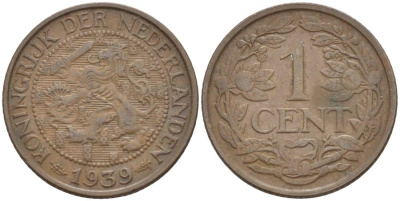 Нидерланды 1 цент 1939 Вильгельмина I (1890-1948) KM 152 бронза 4532-1125