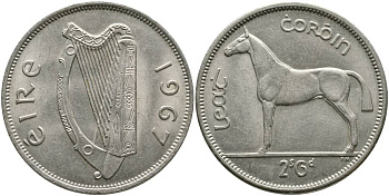 Ирландия 1/2 кроны = 2 шиллинга 6 пенсов 1967 лошадь KM 16а медно-никель 00-00