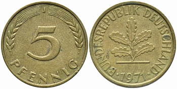 ФРГ 5 ПФЕННИГОВ 1971 J KM 107, J. 382 сталь плакированная латунью 112-145