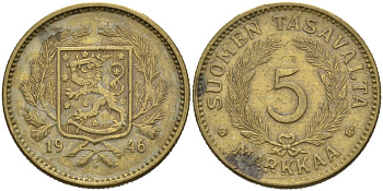 ФИНЛЯНДИЯ 5 МАРОК 1946 S KM 31 алюминиевая бронза 4563-354