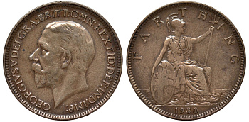 Великобритания 1 фартинг 1930 Георг V (1910-1936), редкий год KM 825, Spink 4061 бронза 4122-551