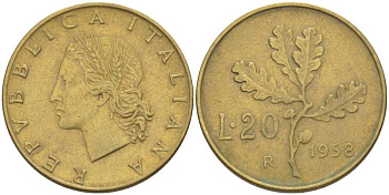 ИТАЛИЯ 20 ЛИР 1958 R, ДУБОВЫЙ ЛИСТ KM 97.1 алюминиевая бронза 113-1252