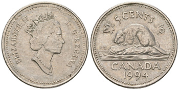 Канада 5 центов 1994 Елизавета II (1952-2022), бобер KM 182 медно-никель UNC 4385-825