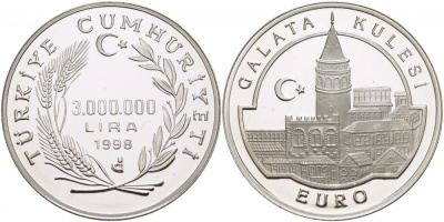 Турция 3000000 лир 1998 Галатская башня (Галата Кулеси), тираж 7843 экземпляра KM 1086 серебро PROOF 1068-4-21
