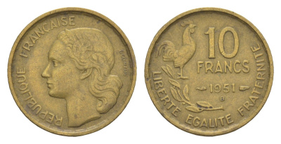 Франция 10 франков 1951 B KM 915 алюминиевая бронза 4174-915
