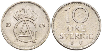 Швеция 10 эре 1969 U, Густав VI Адольф (1950-1973) KM 835 медно-никель 4516-442