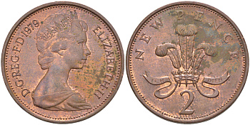 Великобритания 2 пенса 1979 Елизавета II (1952-2022) KM 916, Spink 4235 (C1) бронза 83-616