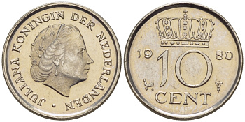 Нидерланды 10 центов 1980 Юлиана (1949-1980) KM 182 никель 66-432