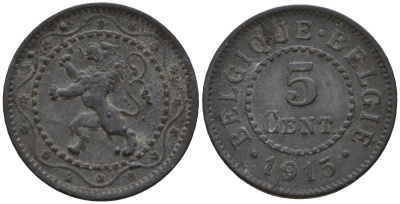 Бельгия 5 сантимов 1915 германская оккупация первая мировая война, Альберт I (1910-1934) KM 80 цинк 4556-1143