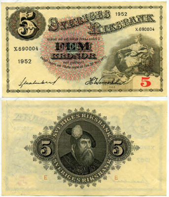 ШВЕЦИЯ 5 КРОН 1952 E Pick 33ai бумага aUNC 6266-24-3