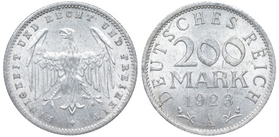 Германия 200 марок 1923 A KM 35, J. 304, Weege 22 алюминий 4604-546