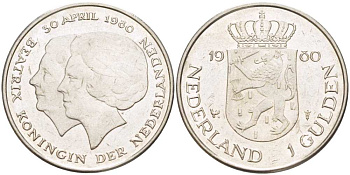 Нидерланды 1 гульден 1980 на коронацию Беатрикс, 30 апреля 1980 KM 200 никель 210-1231