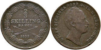 Швеция 2/3 скиллинга 1855 Оскар I (1844-1859) KM 663 медь 4384-653