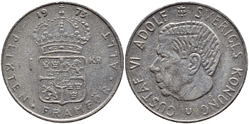 Швеция 1 крона 1973 Густав VI Адольф (1950-1973) KM 826а медь плакированная медно-никелем 4395-337