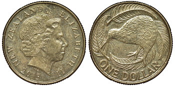 Новая Зеландия 1 доллар 2013 Елизавета II (1952-2022), птица киви  KM 120 алюминиевая бронза 62-1236