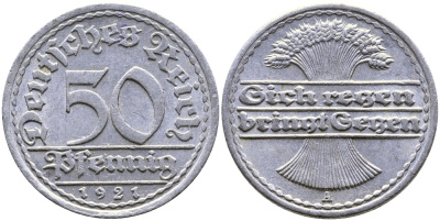 Германия 50 пфеннигов 1921 A KM 27, J.301, Weege 10 алюминий 87-252