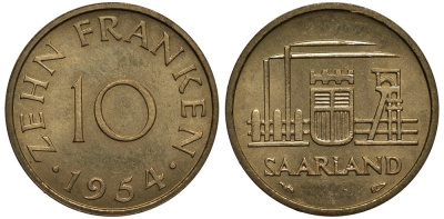 Саарланд 10 франков 1954 индустрия KM 1 алюминиевая бронза 186-942