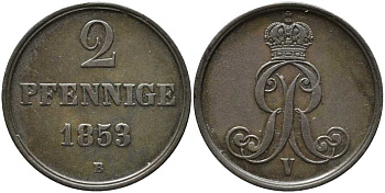ГАННОВЕР 2 ПФЕННИГА 1853 В, ГЕОРГ V (1851-1866) KM 217 медь 4448-1037