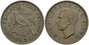 Новая Зеландия 1 пенни 1951 Георг VI (1936-1952), новозеландский туи KM 21 бронза 4171-1216