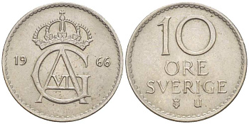 Швеция 10 эре 1966 U, Густав VI Адольф (1950-1973) KM 835 медно-никель 4516-438