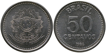 Бразилия 50 сентаво 1986 KM 604, Schon 113 нержавеющая сталь UNC 4577-1143