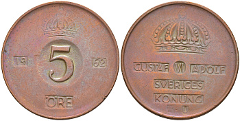 Швеция 5 эре 1962 Густав VI Адольф (1950-1973) KM 822 бронза 4111-133