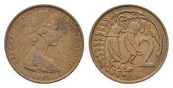 Новая Зеландия 2 цента 1967 Елизавета II (1952-2022), два цветка кохаи KM 32.1 бронза 4669-1165