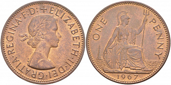 Великобритания 1 пенни 1967 Елизавета II (1952-2022) KM 897, Spink 4157 бронза UNC 3996-222